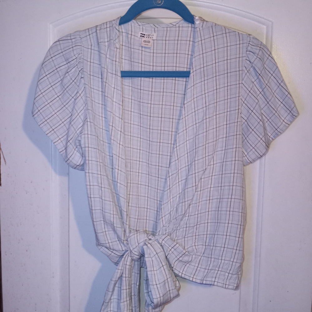 Billabong Light Blue Plaid Tie-Front Blouse Size Small